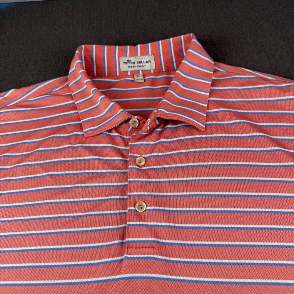 Peter Millar Summer Comfort Mens XL Coral Pink Striped Golf Polo Shirt AAW05